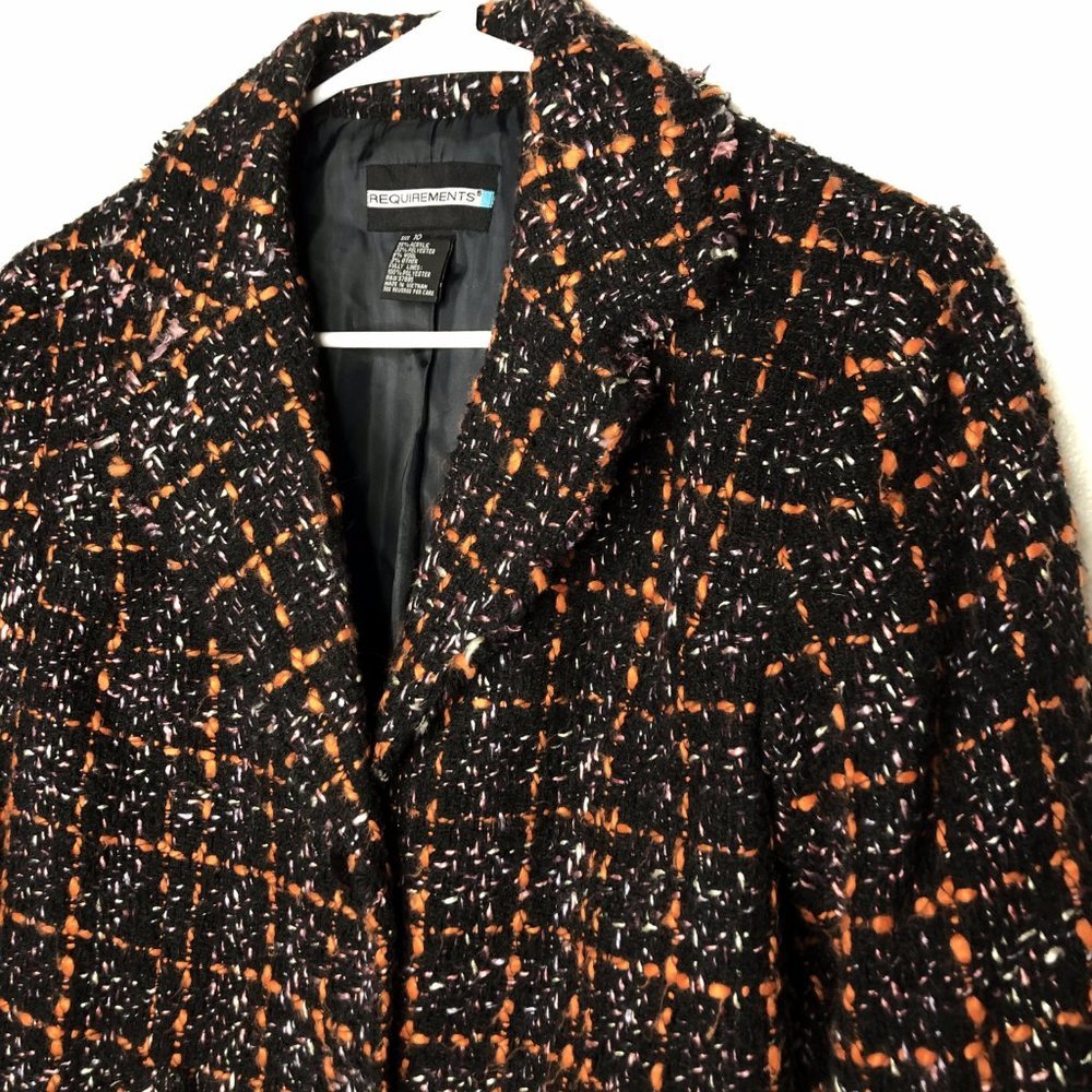 Requirements Womens Orange & Black Notch Lapel Boucle Tweed Blazer Size 10 - Picture 3 of 4